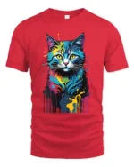 Color Burst Kitty Tee Unique Abstract Cat Graphic Tee - red t-shirt on white background