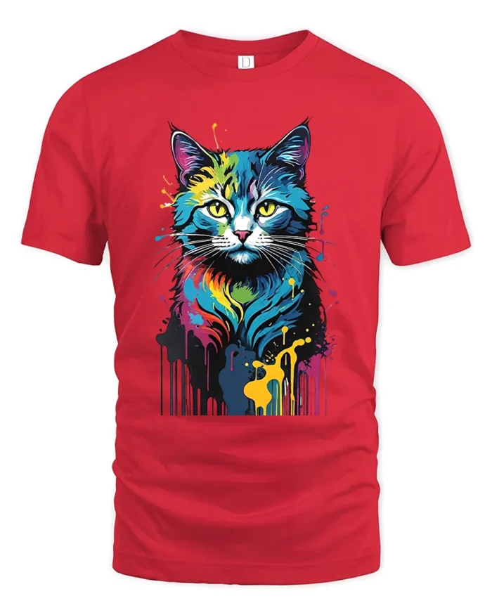 Color Burst Kitty Tee Unique Abstract Cat Graphic Tee - red t-shirt on white background