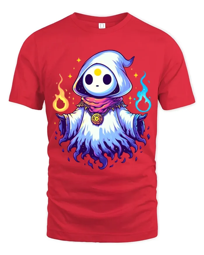 Cute Magic Hood Tee Whimsical Sorcerer Graphic T-Shirt - red t-shirt on white background