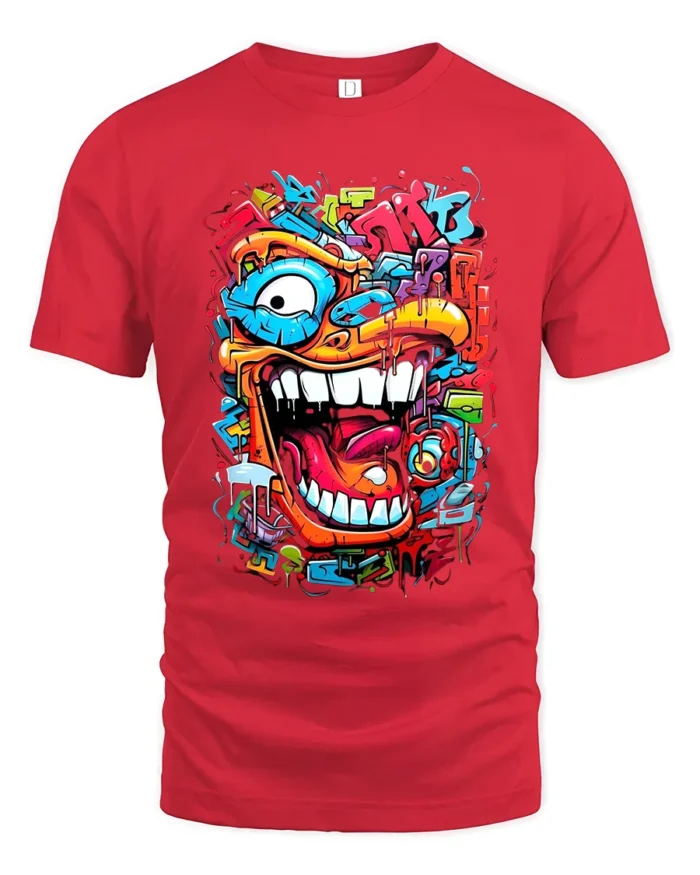 Urban Beast Graphic Tee Funny Graffiti Face T-Shirt - red t-shirt on white background
