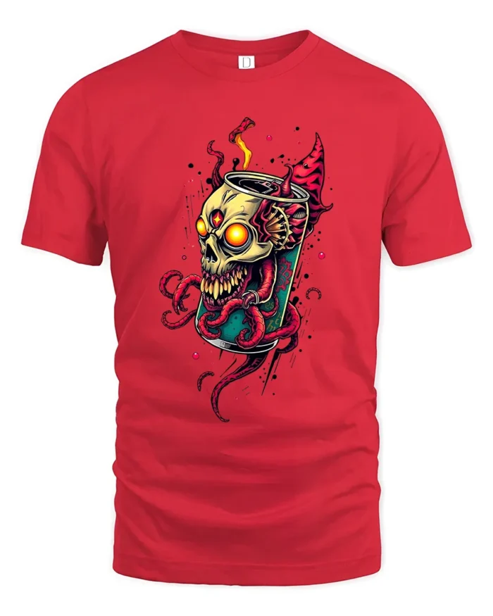 Toxic Soda Skull Tee Edgy Skeleton Drink T-Shirt Now - red t-shirt on white background