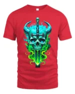 Horned Skull Sword Tee Fantasy Warrior Graphic T-Shirt - red t-shirt on white background