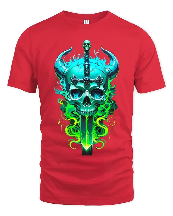 Horned Skull Sword Tee Fantasy Warrior Graphic T-Shirt - red t-shirt on white background