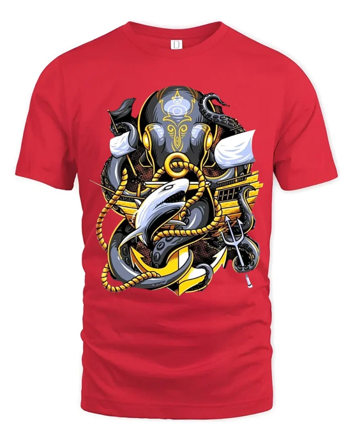 Kraken Attack Shark T-Shirt Ocean Monster Anchor Tee - red t-shirt on white background