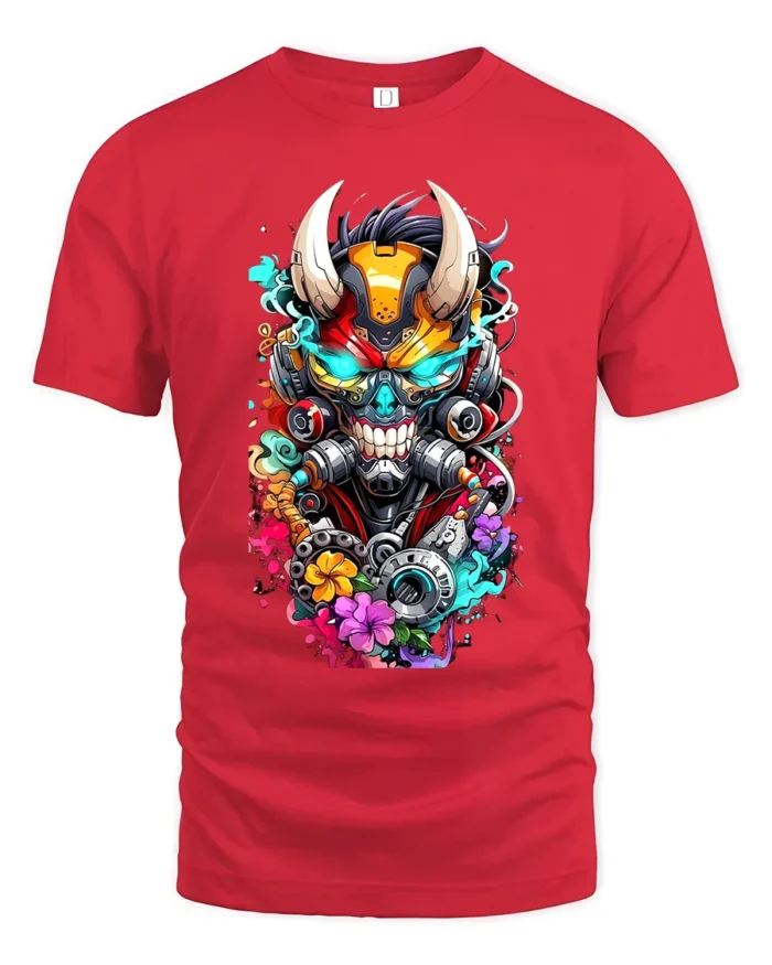 Cyberpunk Oni T-Shirt Futuristic Japanese Demon Tee - red t-shirt on white background