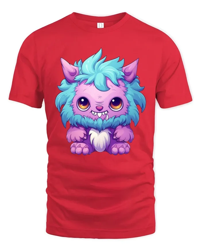 Cute Fluffy Monster Tee  Adorable Cartoon Creature T-Shirt - red t-shirt on white background
