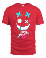 Game Over Smiley Tee Distressed Gamer Graphic T-Shirt - red t-shirt on white background