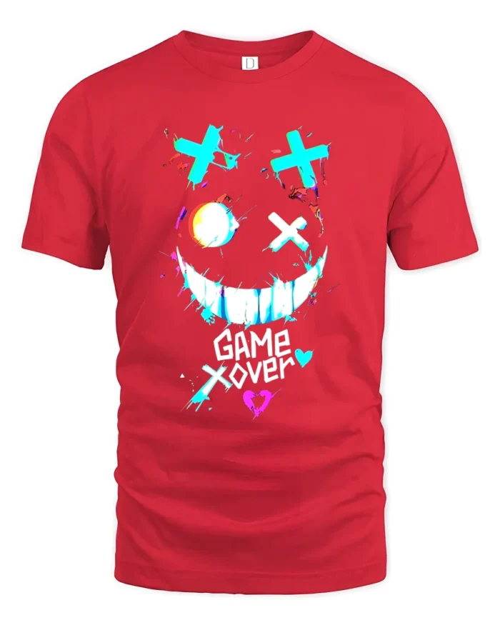 Game Over Smiley Tee Distressed Gamer Graphic T-Shirt - red t-shirt on white background