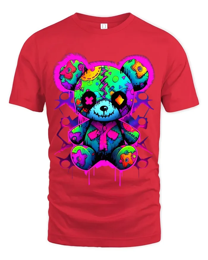 Stitched Teddy Bear Tee Unique Colorful Monster Tee - red t-shirt on white background