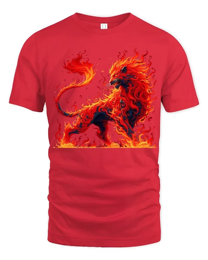 Fire Lion Graphic Tee Majestic Burning Animal T-Shirt - red t-shirt on white background