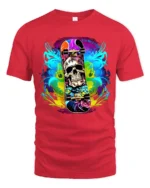Skull Skateboard Tee Colorful Skeleton Rider T-Shirt - red t-shirt on white background