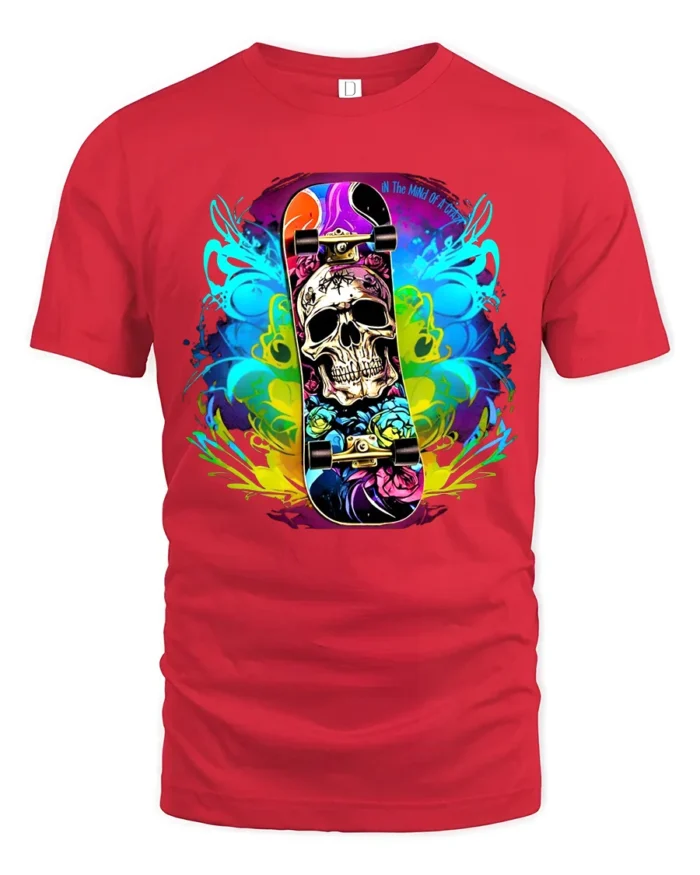 Skull Skateboard Tee Colorful Skeleton Rider T-Shirt - red t-shirt on white background