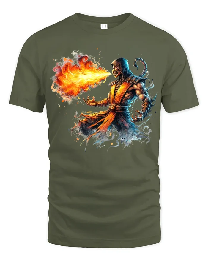 Scorpion Fire Tee Mortal Kombat Game Graphic T-Shirt - military green t-shirt on white background