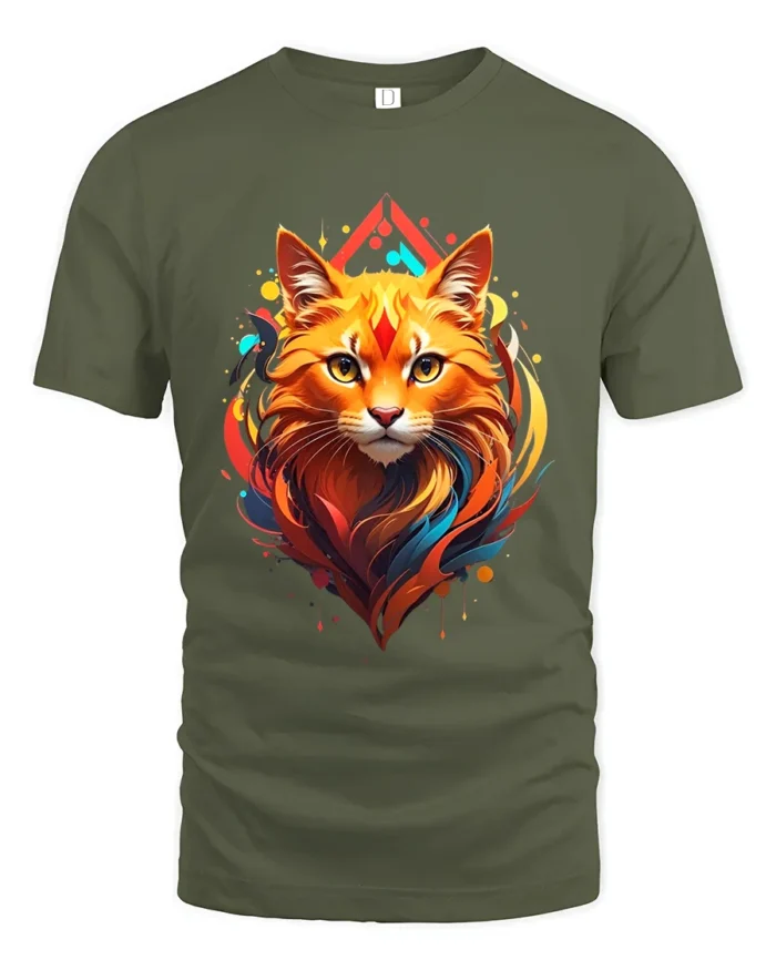 Radiant Cat Face Tee Artistic Feline Lover T-Shirt - military green t-shirt on white background