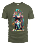Psychedelic Kitty T-Shirt Vibrant Abstract Cat Tee - military green t-shirt on white background