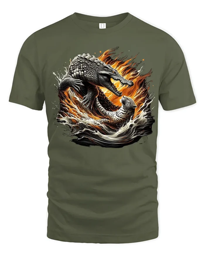 Croc Jaguar Clash Tee Fierce Animal Battle Graphic T-Shirt - military green t-shirt on white background