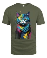 Color Burst Kitty Tee Unique Abstract Cat Graphic Tee - military green t-shirt on white background