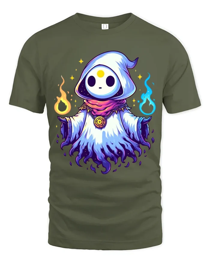 Cute Magic Hood Tee Whimsical Sorcerer Graphic T-Shirt - military green t-shirt on white background