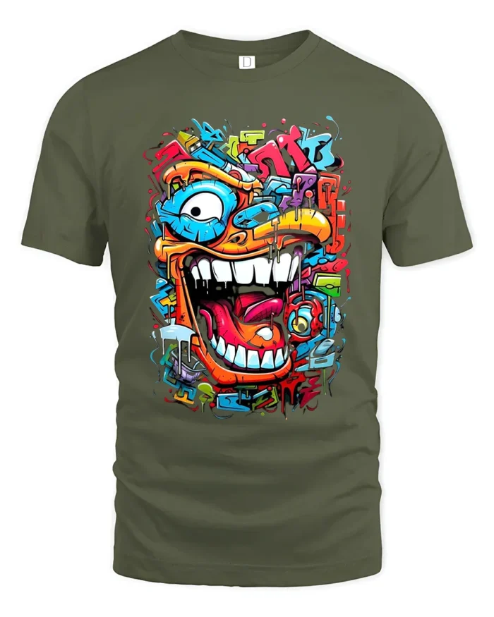 Urban Beast Graphic Tee Funny Graffiti Face T-Shirt - military green t-shirt on white background