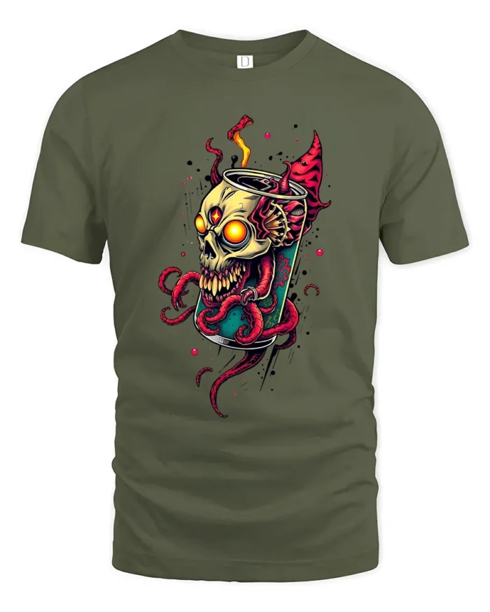 Toxic Soda Skull Tee Edgy Skeleton Drink T-Shirt Now - military green t-shirt on white background