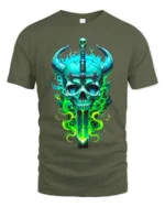Horned Skull Sword Tee Fantasy Warrior Graphic T-Shirt - military green t-shirt on white background