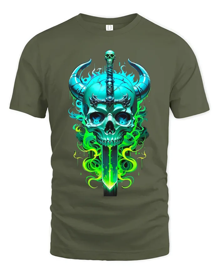 Horned Skull Sword Tee Fantasy Warrior Graphic T-Shirt - military green t-shirt on white background
