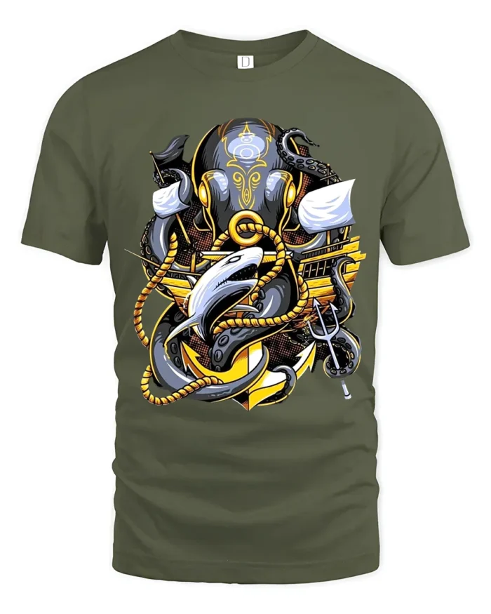 Kraken Attack Shark T-Shirt Ocean Monster Anchor Tee - military green t-shirt on white background