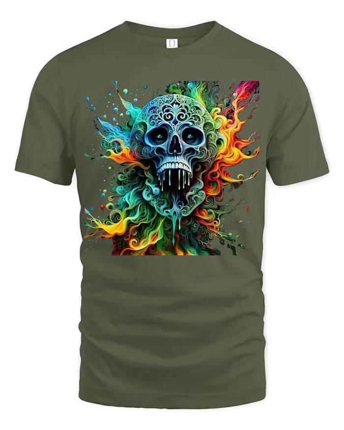 Ornate Sugar Skull Tee Colorful Day of the Dead T-Shirt - military green t-shirt on white background