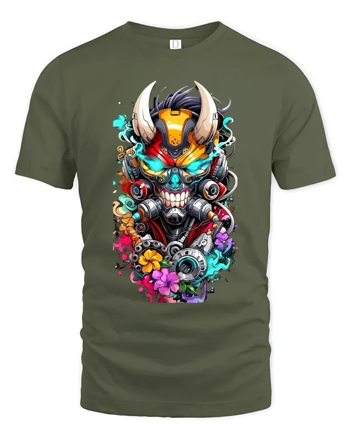 Cyberpunk Oni T-Shirt Futuristic Japanese Demon Tee - military green t-shirt on white background