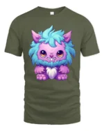 Cute Fluffy Monster Tee Adorable Cartoon Creature T-Shirt - military green t-shirt on white background