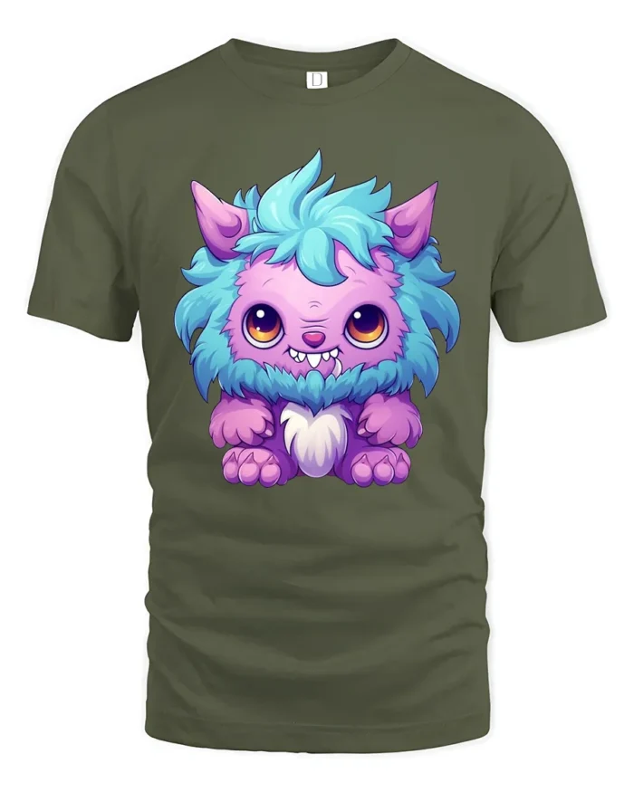 Cute Fluffy Monster Tee  Adorable Cartoon Creature T-Shirt - military green t-shirt on white background