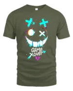Game Over Smiley Tee Distressed Gamer Graphic T-Shirt - military green t-shirt on white background
