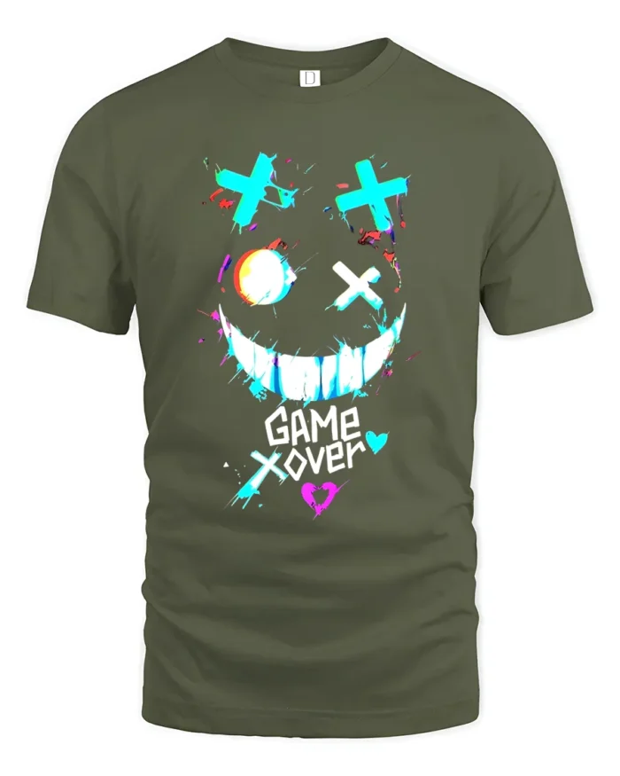 Game Over Smiley Tee Distressed Gamer Graphic T-Shirt - military green t-shirt on white background