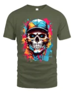 Street Style Skull T-Shirt Colorful Skull with Hat Tee - military green t-shirt on white background