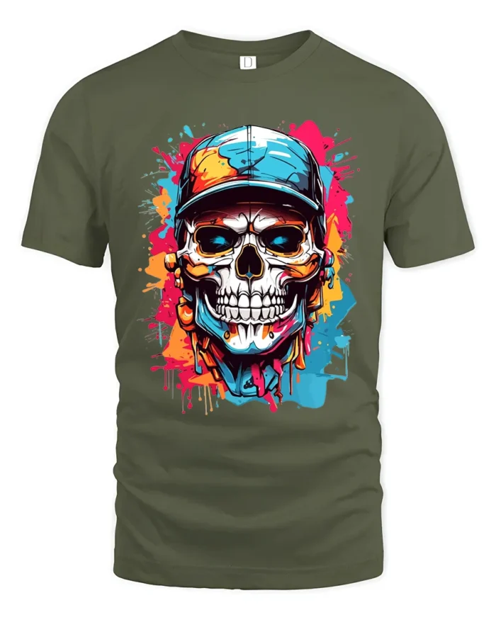 Street Style Skull T-Shirt Colorful Skull with Hat Tee - military green t-shirt on white background