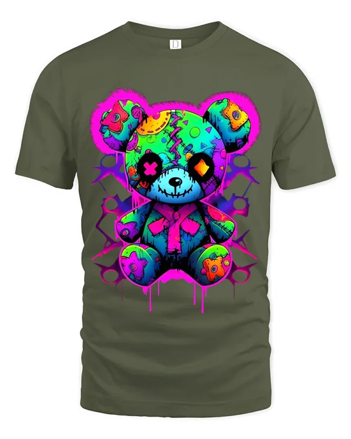 Stitched Teddy Bear Tee Unique Colorful Monster Tee - military green t-shirt on white background