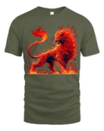 Fire Lion Graphic Tee Majestic Burning Animal T-Shirt - military green t-shirt on white background