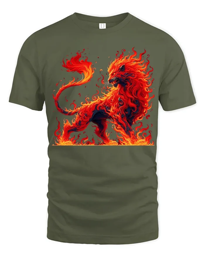 Fire Lion Graphic Tee Majestic Burning Animal T-Shirt - military green t-shirt on white background