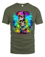 Skull Skateboard Tee Colorful Skeleton Rider T-Shirt - military green t-shirt on white background
