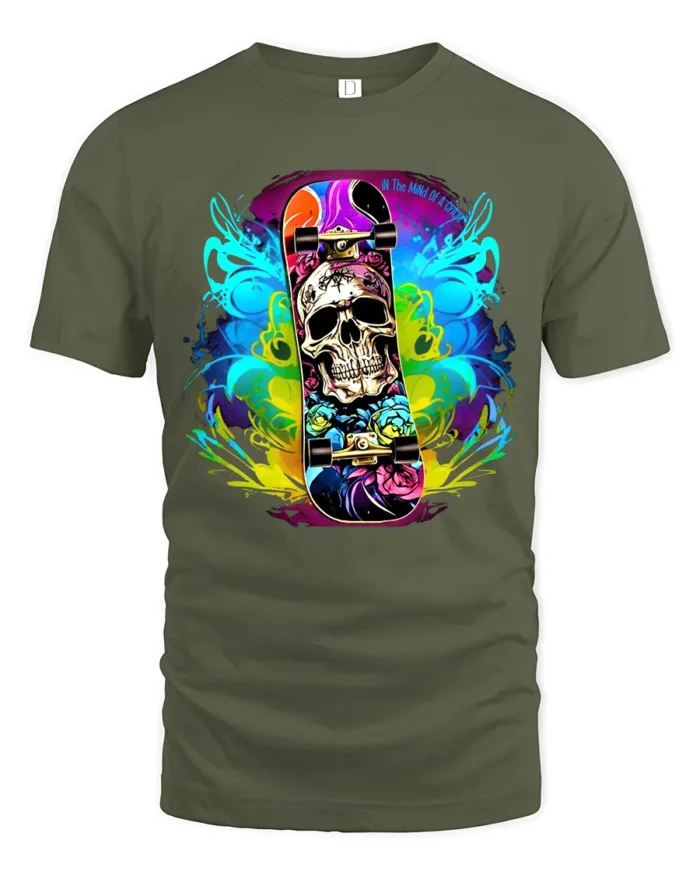 Skull Skateboard Tee Colorful Skeleton Rider T-Shirt - military green t-shirt on white background