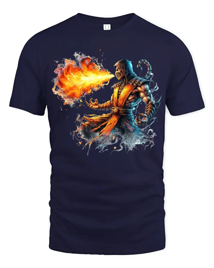 Scorpion Fire Tee Mortal Kombat Game Graphic T-Shirt - navy t-shirt on white background