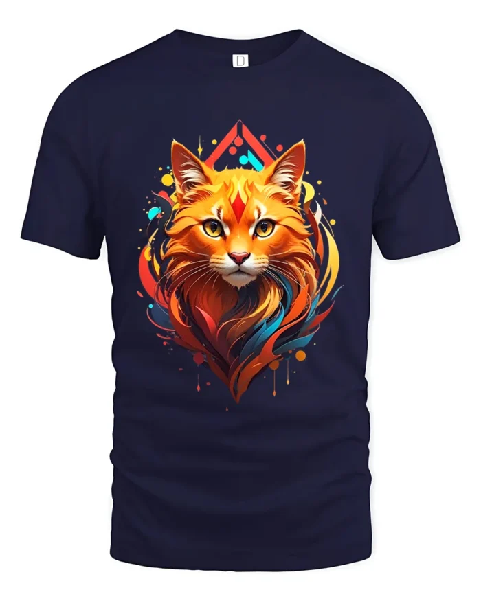 Radiant Cat Face Tee Artistic Feline Lover T-Shirt - navy t-shirt on white background