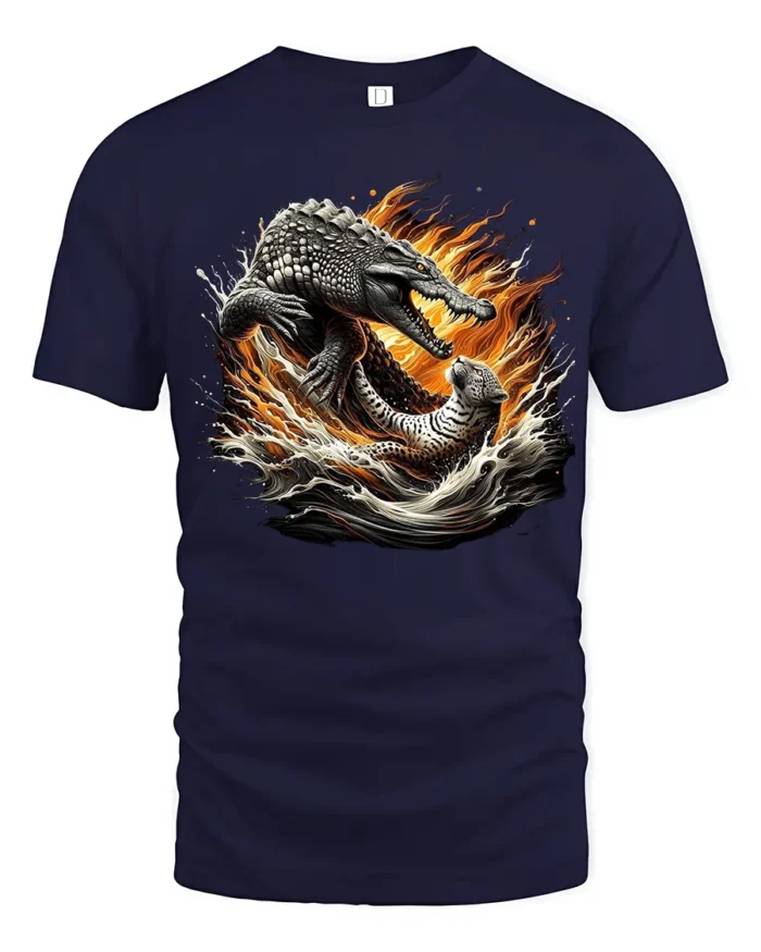 Croc Jaguar Clash Tee Fierce Animal Battle Graphic T-Shirt - navy t-shirt on white background