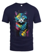 Color Burst Kitty Tee Unique Abstract Cat Graphic Tee - navy t-shirt on white background