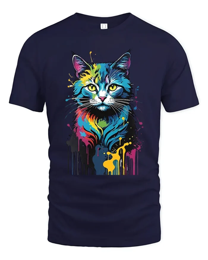 Color Burst Kitty Tee Unique Abstract Cat Graphic Tee - navy t-shirt on white background