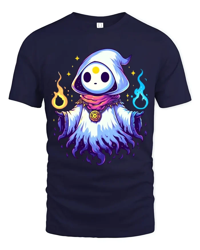 Cute Magic Hood Tee Whimsical Sorcerer Graphic T-Shirt - navy t-shirt on white background