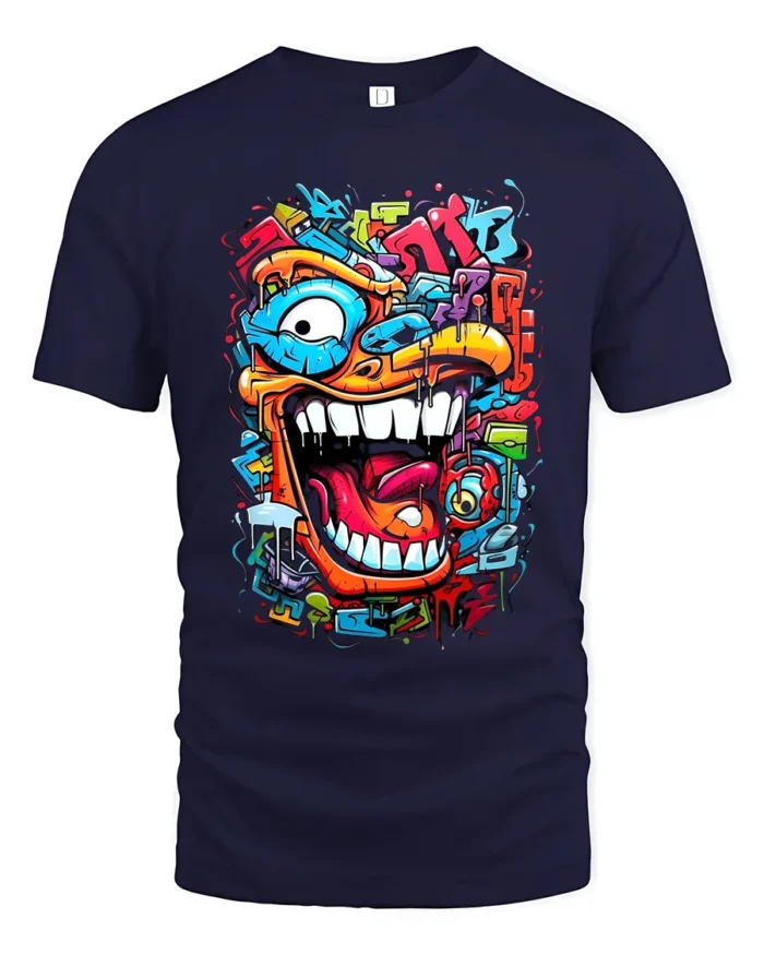 Urban Beast Graphic Tee Funny Graffiti Face T-Shirt - navy t-shirt on white background
