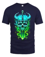 Horned Skull Sword Tee Fantasy Warrior Graphic T-Shirt - navy t-shirt on white background