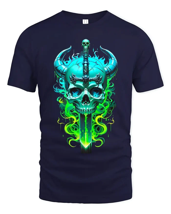 Horned Skull Sword Tee Fantasy Warrior Graphic T-Shirt - navy t-shirt on white background