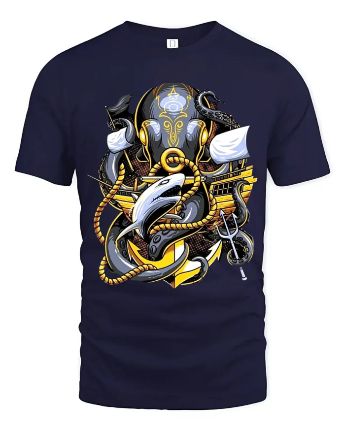 Kraken Attack Shark T-Shirt Ocean Monster Anchor Tee - navy t-shirt on white background